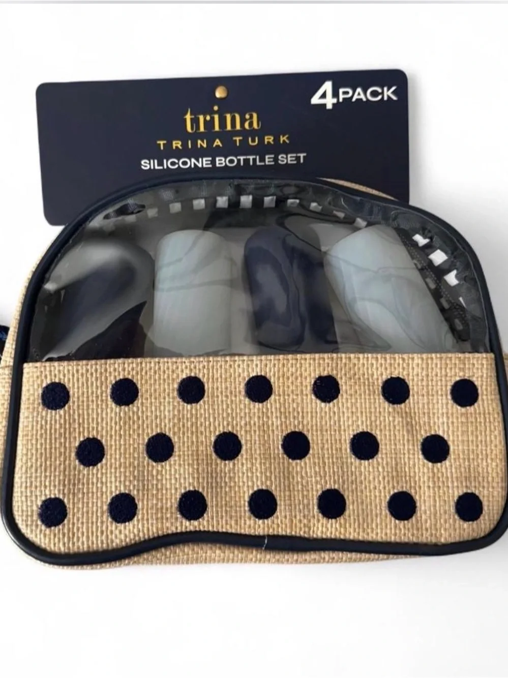 Trina Turk Navy Silicone Travel Bottle Set with Tan Woven Pouch